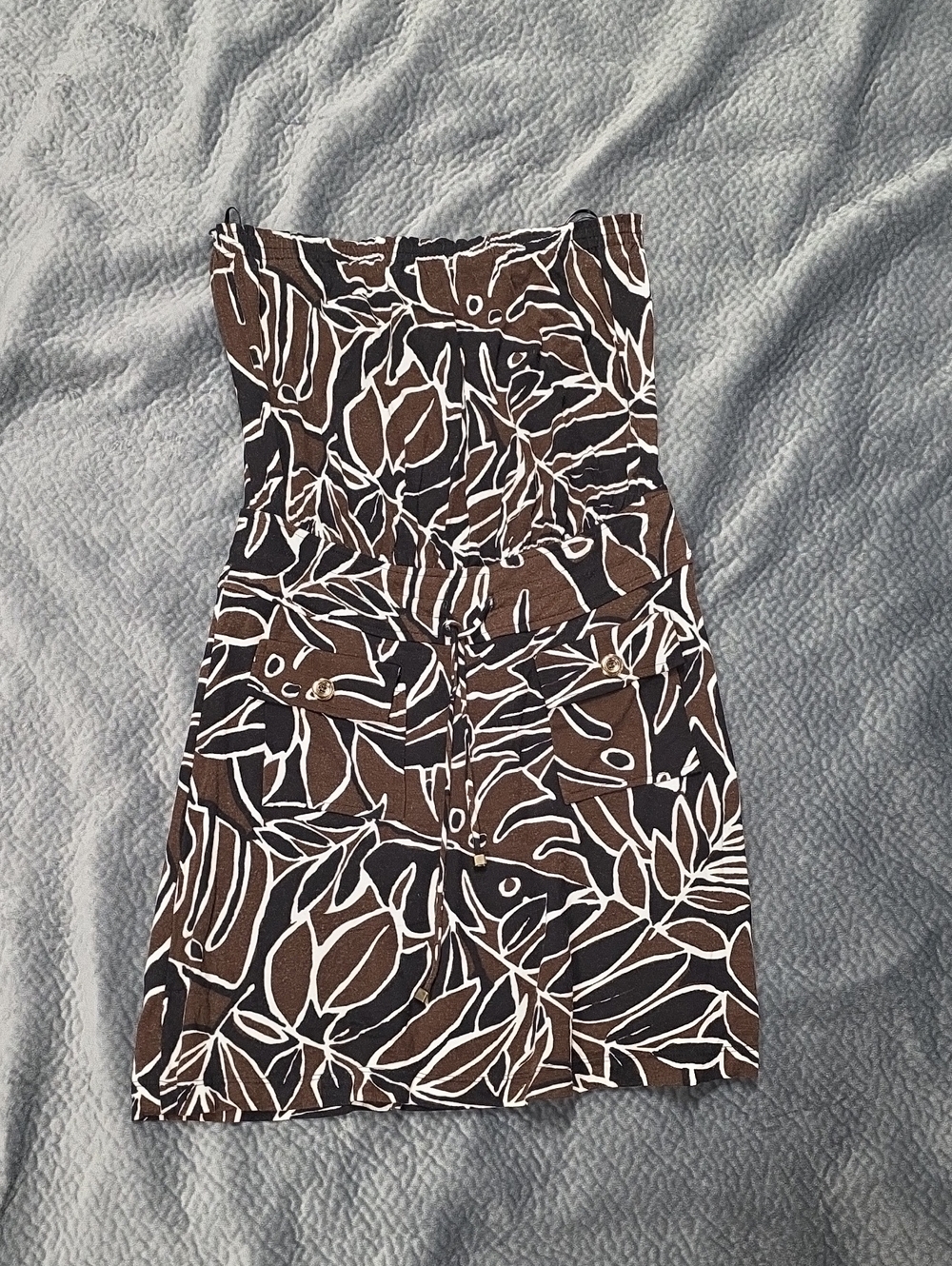 Cache Brown and White Strapless Leaf-Print Dress